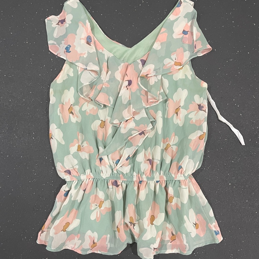 Floral Peplum Top with Elastic Waist and Ruffle